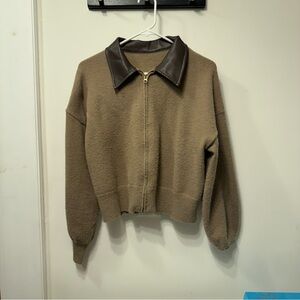 Brown Zip-Up Jacket with Leather Collar